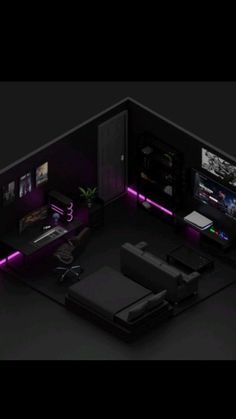 a room with black walls and purple lighting