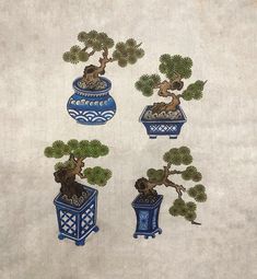 four bonsai trees in blue vases on a beige background with white and black designs