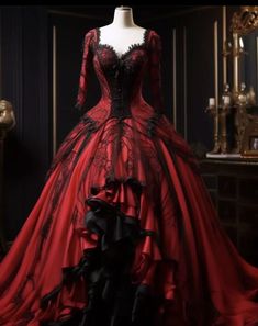 #weddingdress #redweddingdress #reddressboutique Black Wedding Dresses Lace, Vampire Dresses, Black Lace Ball Gown, Goth Wedding Dresses, Bridal Ball Gowns, Wedding Dresses Long Sleeves, Black Lace Wedding Dress, Gothic Wedding Theme, Formal Dresses Wedding