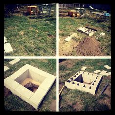 four different pictures of an outdoor fire pit in the middle of some grass and dirt