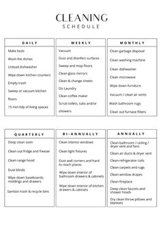 the cleaning schedule is shown in black and white, with words describing how to use it