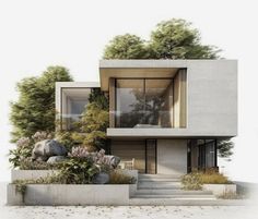 an architectural rendering of a modern house with trees and plants in the front yard area