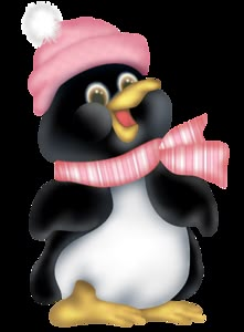 a cartoon penguin wearing a pink hat and scarf with the word amy on it