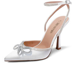 Shine bright with these stunning white glitter heels, perfect for weddings, parties, and special events. These elegant shoes add a touch of sparkle to any outfit, making you stand out in style. #WhiteGlitterHeels #WeddingShoes #PartyFashion #SparkleStyle High Heels Design, Sparkly Pumps, Bow High Heels, Closed Toe Heels, White High Heels, Designer High Heels, Rhinestone Heels, Ankle Strap Pumps, Strap Pumps