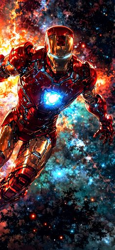 an iron man flying through the air in front of some colorful stars and space dust