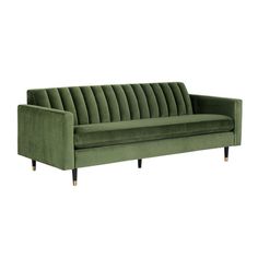 a green velvet sofa with wooden legs and an upholstered back, on a white background