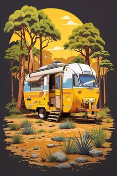 a yellow camper van parked in the middle of a forest with trees and rocks