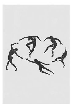 four black and white silhouettes of people playing frisbee in the air on a gray background