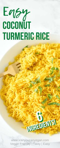 easy coconut turmeric rice in a white bowl with text overlay that reads easy coconut turmeric rice