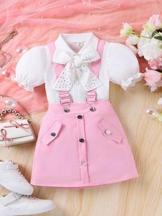 Young Girl Spring And Autumn Casual And Cute Lady College Style Trendy Shirt And Suspender Skirt Set Pink Elegant  Short Sleeve Fabric Plain  Non-Stretch  Young Girls Clothing, size features are:Bust: ,Length: ,Sleeve Length: Preppy School Sets For Spring, Cute Pink Skirt For School, Cute Pink School Skirt, Baby Fancy Dress, Kids Dress Wear, Cute Dress Outfits