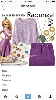 a purple outfit and shoes are shown on the screen, with text that reads disney bound rapunzel