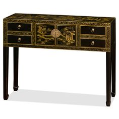 Beautiful yellow handpainted chinoiserie scenery and Chinese geometric patterns adorn this exquisite matte black elmwood console table. The top surface features a scroll-like painting, displaying a courtly garden with an aristocrat sitting at the center of the composition being attended by numerous servants. The exquisite design continues downward, with a matching chinoiserie scene adorning the two door panels, while the corresponding geometric design frames four drawers. Matching brass hardware Chinoiserie Furniture, Painted Chinoiserie, Asian Lamps, Chinese Table, Floor Screen, Console Table Styling, Black Console Table, Living Room Console, China Furniture