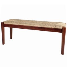 a wooden bench with woven seat pad on it's back and legs, against a white background