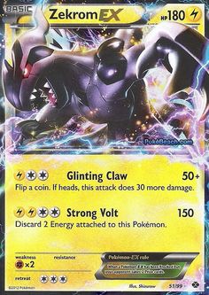 a card with an image of a pokemon ex character in the center and lightning behind it