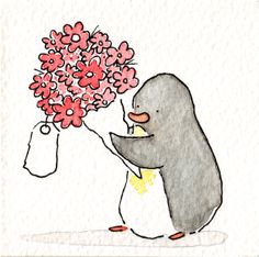 a drawing of a penguin holding a bouquet of flowers