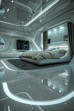 a futuristic bedroom with white walls and flooring