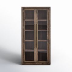 a tall wooden bookcase with glass doors on the front and bottom shelves, against a white background