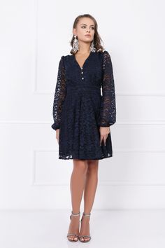 "Make a statement in our dark blue lace evening dress. This vintage-inspired, formal elegant short dress is the epitome of sophistication and charm. With its deep V neckline, long sleeves, and intricate button detailing, it's perfect for special occasions. Key Features: 🌟 Vintage Design ✨ Deep V Neckline 💃 Long Sleeves 👗 Intricate Button Detailing 🌙 Ideal for Evening Events This dark blue dress effortlessly combines timeless design with modern elegance. The lace adds a touch of romance, maki Dark Blue Evening Dress, Short Dress With Long Sleeves, Elegant Short Dress, Blue Evening Dress, Vintage Dress Design, Elegant Dresses Short, Dark Blue Dress, Blue Evening Dresses, Short Lace Dress