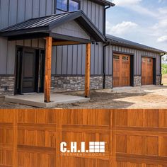 exterior with black siding and two stamped shaker garage doors in cedar Cedar Looking Garage Doors, Black House Wood Garage Door, Wood Garage Doors Gray House, Garage Door Wood Look, Interior Garage Door Ideas, Garage Door Accents, Cedar Garage Doors, Chi Garage Doors, Interior Garage Door