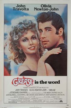 the poster for grease starring actors, from left to right john travy and elizabeth baker