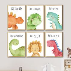 four children's wall art prints featuring dinosaurs