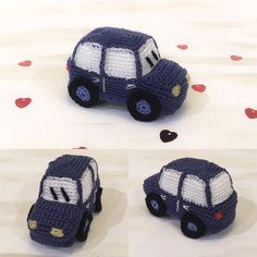 crocheted toy car sitting on top of a table