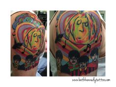 the beatles cover up on this man's arm with music notes and rainbow colors