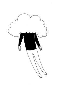 a drawing of a woman floating in the air with a cloud above her head on top of her head