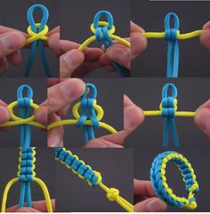 four pictures showing how to tie a knot with two different colors and sizes, including blue yellow and green