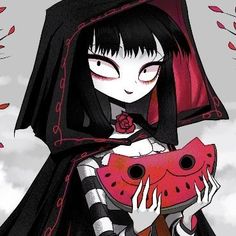 an anime character with black hair holding a piece of food in front of her face