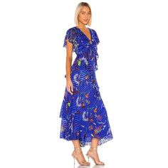 Nwt Tanya Taylor Janelle Dress In Surreal Floral Blue Luxurious Stretch-Silk Maxi Flaunts Pleated Tiers Giving Texture To The Printed Piece. V-Neck Short Ruffle Sleeves Concealed Back Zip Front Open Ring Cutout Pleated Tiered Skirt Asymmetric Hem Burnout Texture Finish Lined Self: 60% Rayon, 40% Silk Lining: 100% Poly Dry Clean Imported Size & Fit Fits True To Size About 47'' From Shoulder To Hem Tags: Wedding Guest, Summer, Spring Party, Mermaidcore, Girly, Ruffles, Classy, Romantic, Garden Par Royal Blue Fitted Maxi Dress For Spring, Blue Floral Print Midi Dress For Cocktail, Blue Ruffled Midi Dress For Cocktail, Blue Silk Midi Dress With Short Sleeves, Blue Summer Evening Maxi Dress, Short Sleeve Blue Silk Midi Dress, Blue Midi Dress For Summer Cocktail, Blue Cocktail Midi Dress For Summer, Spring Royal Blue Maxi Dress