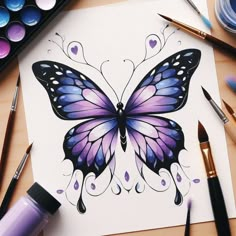 a drawing of a purple butterfly with hearts on it's wings, surrounded by paintbrushes