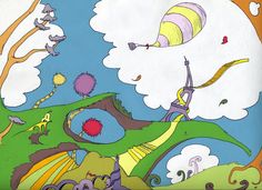 an image of a cartoon scene with trees and animals flying in the sky above them