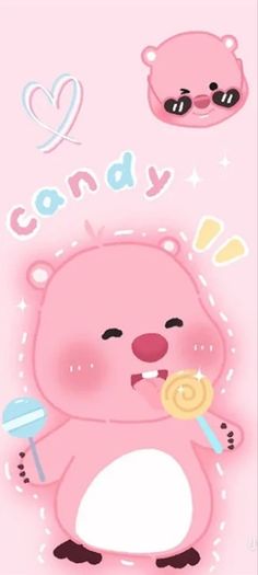 a pink bear holding a lollipop in it's mouth with the words candy on