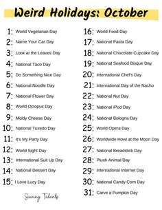 the national holiday calendar is shown in blue, yellow and white with words that read weird holidays