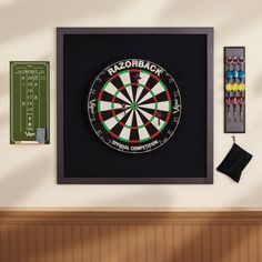 a dart board mounted to the wall in a room