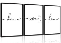 three black and white framed canvases with the word home written in cursive writing