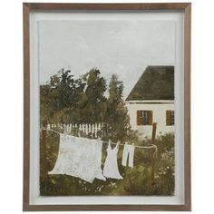 Dimensions: 20.75" H x 16.75" x 1.25" D Material: MDF & Glass Shape: Rectangle Color: Brown, White, Green & Gray Orientation: Vertical Includes: 2 D-Rings Age Grade: 14+ Quantity: 1 Give any room a charming aesthetic by displaying this Clothesline & Home Framed Wall Decor. This piece features a painterly image of a house next to a lush green forest. Faint clouds dot the sky as laundry dries on a clothesline in front of the house. The white pants, shirt, and floral sheet stand out against the gre Bathroom Wall Art Green, Laundry Room Printables Free Prints Wall Art, Laundry Room Prints, Mudroom Wall Decor, Kitchen Walls Decorating Ideas, Laundry Room Art And Decor Ideas, Laundry Room Ideas Green, Mudroom Art, Laundry Room Decorations