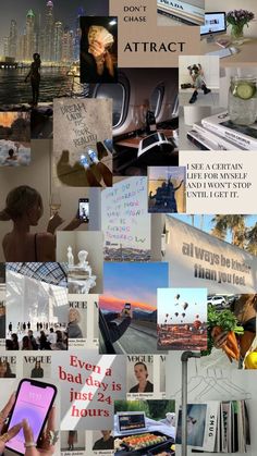 a collage of images with words and pictures on them, including people holding cell phones