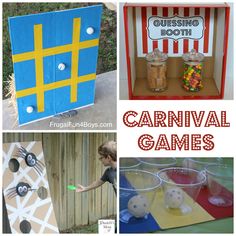 several different carnival games and activities for kids to play with in the park or on the lawn