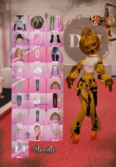 an animated doll is standing in front of a display case with clothes and accessories on it