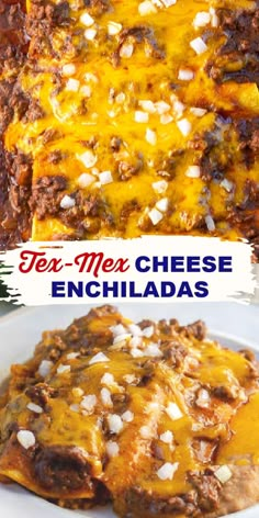 mexican food with cheese and other toppings is shown in this collage for the tex - mex cheese enchiladas recipe