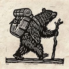 a black and white drawing of a bear with a backpack on it's back