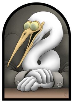 a white pelican sitting on top of a chair with its head resting on it's arm