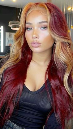 Caramel And Red Hair, Long Red Hair With Blonde Money Piece, Multi Colored Red Hair, Multicolor Highlights For Dark Hair, Celebrity Red Hair, Black Woman Colored Hair, Red Hair With Skunk Stripe, Red Hair Fall 2024, Hair Styles For Red Hair