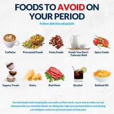 Who knew that adding the right food and removing others could make a world of difference? 😉 Your diet can have a direct impact on your hormonal changes, which can aggravate some symptoms. To alleviate period symptoms, consider making the following adjustments to your diet or restricting certain elements. What To Eat In Periods, Foods To Avoid On Period, Food For Periods Healthy, What To Eat On Your Period, Pmdd Diet, Period Foods To Eat, Period Diet, Healthy Period Food, Food For Period