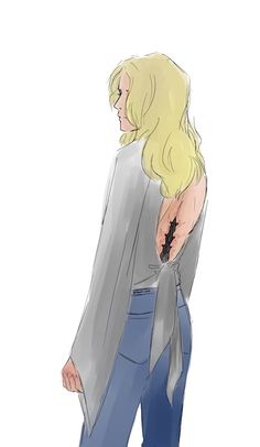 a drawing of a woman with blonde hair wearing blue jeans and a gray jacket, holding her hand on her hip