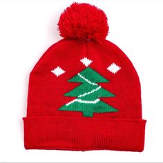 Beanie Hat With Pom Pom- Decorated With Christmas Tree On One Side Casual Christmas Hat, One Size Fits Most, Casual Christmas Hat One Size Fits Most, Red Christmas Cap, Casual Christmas Hat, Casual Christmas Cap, Red Winter Hats For Gifts, Red Winter Hat As A Gift, Casual Beanie Christmas Hats, Casual Christmas Beanie Hat