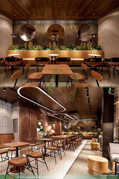 two pictures show the inside and outside of a restaurant with tables, chairs, and couches