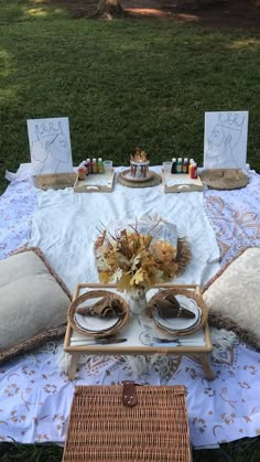 a table set up for a picnic with plates and napkins on it in the grass